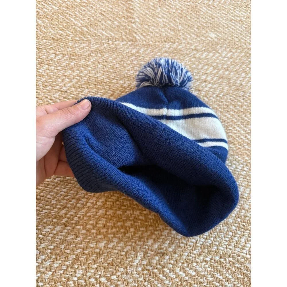 Blue & White Striped Pom Beanie